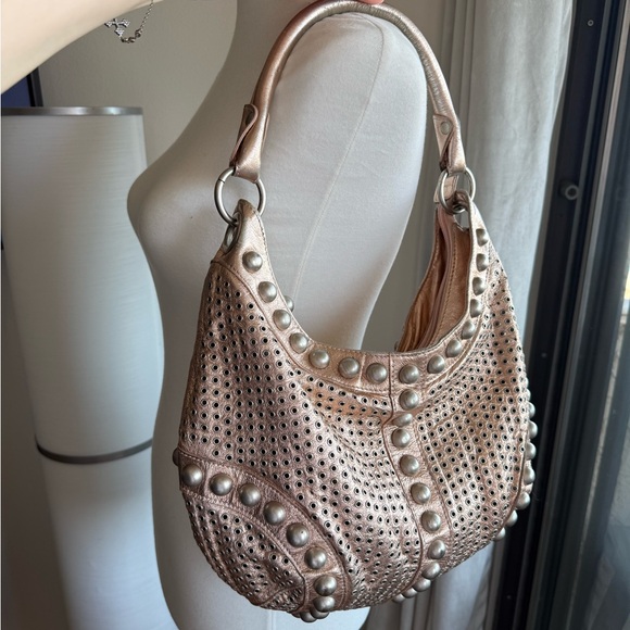 Danier Handbags - Studded Danier Metallic Rose Gold Hobo Bag